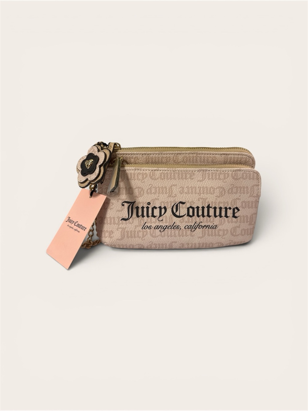 Juicy Couture Beige Logo Double-Zip wristlet/
wallet  with chain & charm